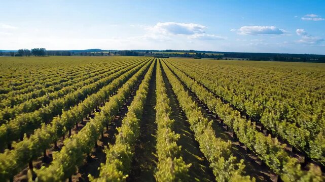 Launching drone gliding forward revealing vineyard rows over field, trellised vines showing furrows