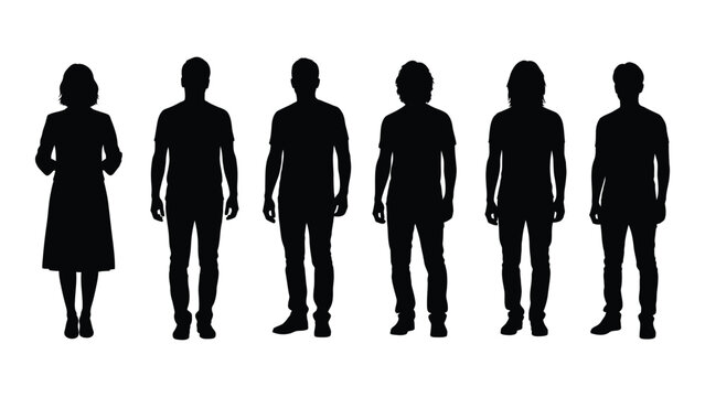 Silhouettes of six individuals isolated on white background, Vector