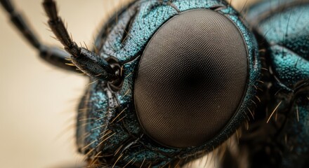 Extreme macro view of an insect's compound eye with iridescent teal and orange details.
