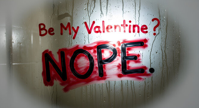 Be my valentine question and big nope answer written on steamy glass surface. Cynical anti valentine day rejection message with red paint texture