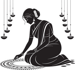 A silhouette of a woman creating a rangoli with hanging oil lamps above