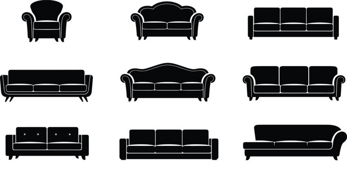 Sofa and couch silhouette illustration set featuring classic and modern furniture seating designs in solid black vector style