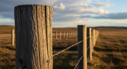 Fototapeta premium Weathered wooden fence posts extend across a sunlit rural field toward the horizon