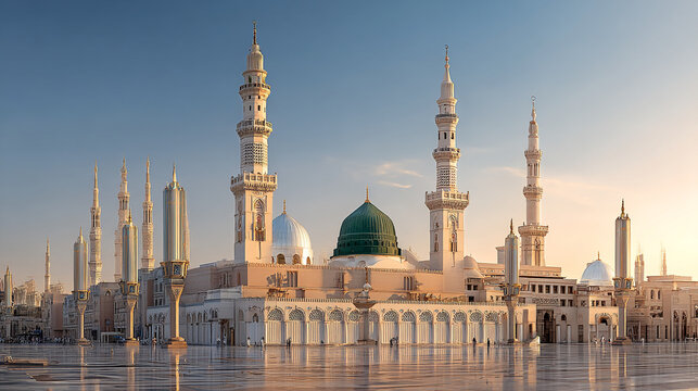 Al-Masjid an-Nabawi Mosque in Medina, Saudi Arabia, During Golden Hour