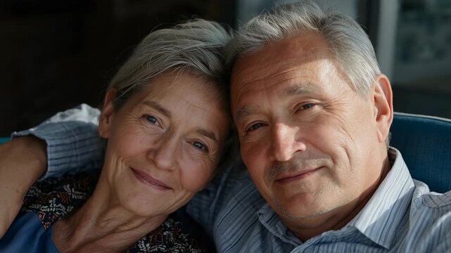 Leaning senior couple heads touching while camera recording on sofa, in shirt and cardigan loving