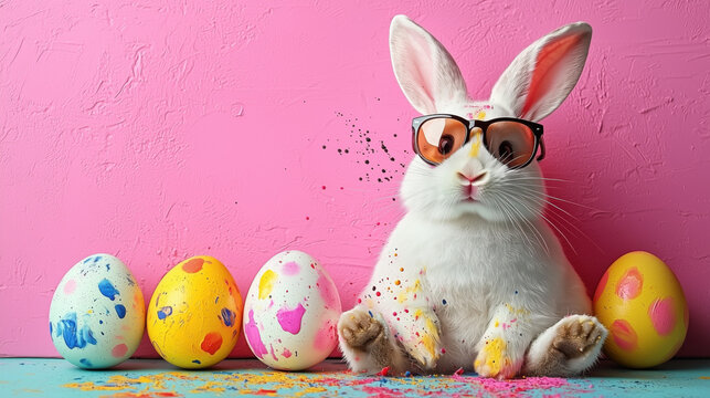 Stylish naughty playful Easter bunny with colorful eggs, wearing sunglasses, holding golden water gun, spraying colorful paints in the air in Vibrant bright colored background for fun party vibe