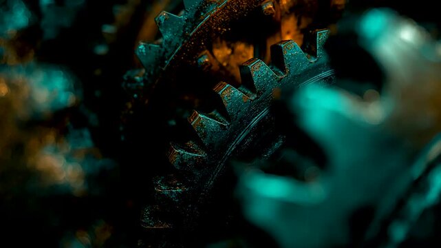 Close Up View of Interlocking Metal Gears Inside Mechanical Assembly with Shallow Focus