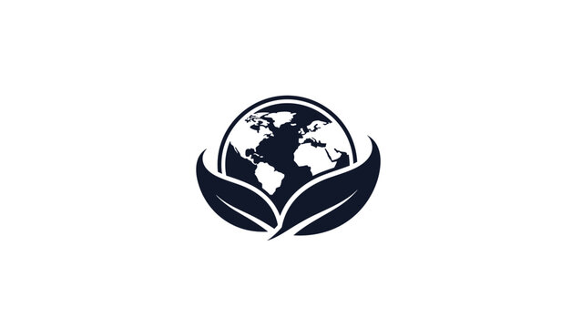 Environmental logo featuring a globe of the world cradled by two dark leaves representing global sustainability and nature protection.