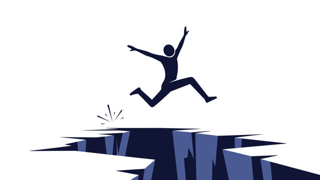 Dark blue silhouette of a person leaping across a deep chasm in the ground, symbolizing overcoming obstacles and bravery.