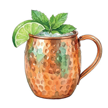 Watercolor moscow mule cocktail in copper mug with lime and mint, vodka drink illustration, isolated vector on white background