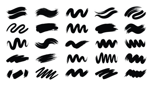 Comprehensive set of black paint brush strokes and ink textures in various wavy and straight shapes for design.
