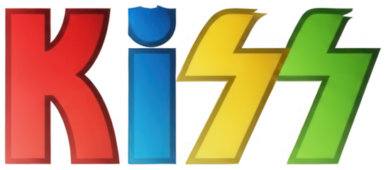 Valentine Colorful 3d block letters spelling kiss with primary colors and geometric font style