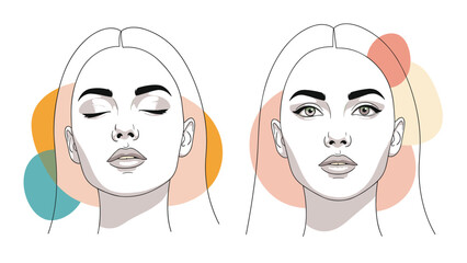 Comparative illustration of a woman face shown in two states with eyes closed and open against an abstract colorful background.