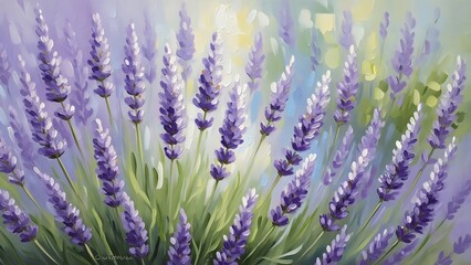 Obraz premium Vibrant lavender flowers in a sunny field with green stems