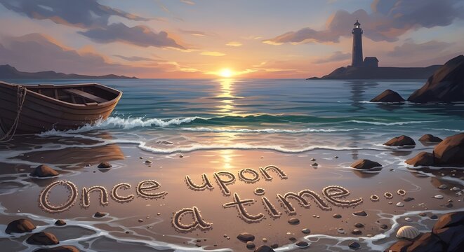 The phrase Once upon a time written in wet sand on a serene ocean beach at sunset with a small boat and distant lighthouse