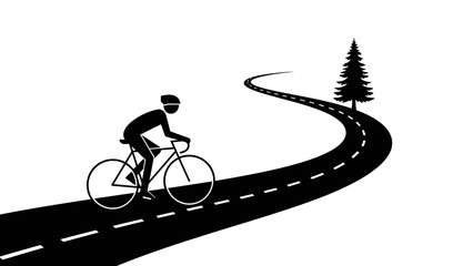 A lone cyclist navigates a winding road beside a solitary tree, symbolizing journey and nature