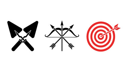 Icons representing construction tools, archery equipment, and a successful target hit