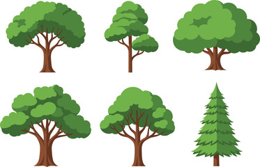 Green tree illustration set featuring deciduous and conifer trees, forest vegetation elements, and natural landscape assets in clean flat vector style © MstBobita