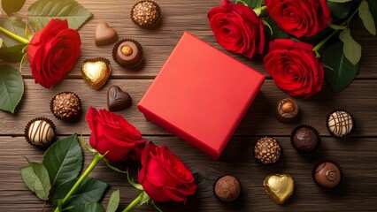 A romantic gift of red roses and various chocolates with a red box on a wooden table.