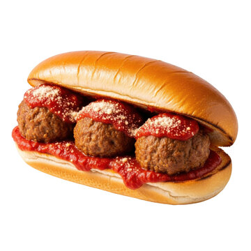 A meatball sub sandwich with melted cheese and tomato sauce on a white bun isolated on transparent background