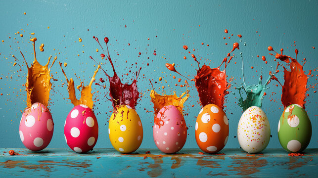 Vibrant colorful painted easter eggs on bright background with paint splashing, spotting, dotting for creative DIY art, craft kid's easter school project ideas, Easter party concept with Copyspace	
