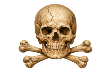 Human skull and crossbones creating a danger warning symbol of mortality and poison with cracks on ancient bone