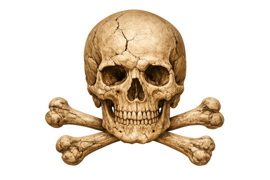 Human skull and crossbones creating a danger warning symbol of mortality and poison with cracks on ancient bone