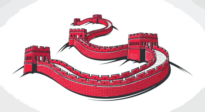 Red illustration of the great wall of china in a circular