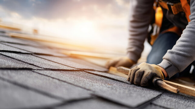 Professional roofer working on a house roof installation, laying asphalt shingles with precision and wearing safety gear at sunset, demonstrating skilled construction and protective safety practices