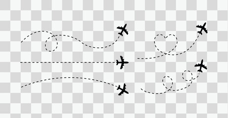 Airplane route with dotted flight path. Flying airplane symbol with curved, curved, straight and heart-shaped dashed trace path. Vector 