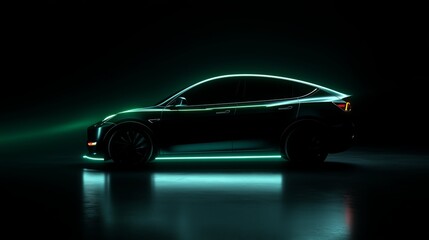 Sleek electric car silhouette with vibrant neon highlights in a dramatic low-light setting.