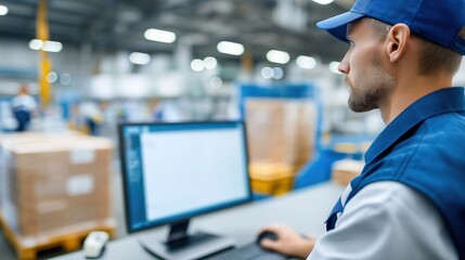 Male worker monitoring warehouse operations on computer in distribution center