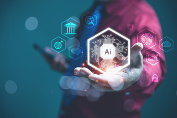 A businessman holding a virtual AI interface in hand, showcasing technology integration in business.