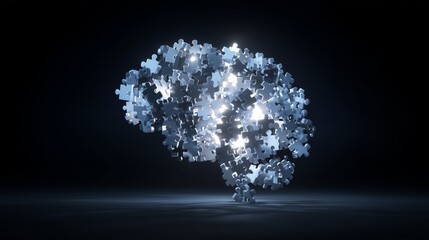 Illuminated puzzle brain concept silhouette against a dark background.