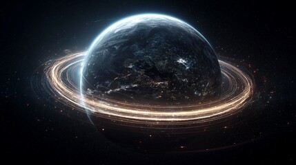 A stunning view of a planet surrounded by illuminated rings in space.