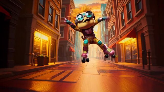A kid character roller skating down a street