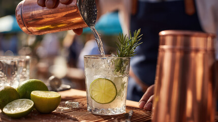 Bartender pouring clear liquid into a glass with lime and rosemary at a summer party, copper shaker and fresh limes on wooden bar counter