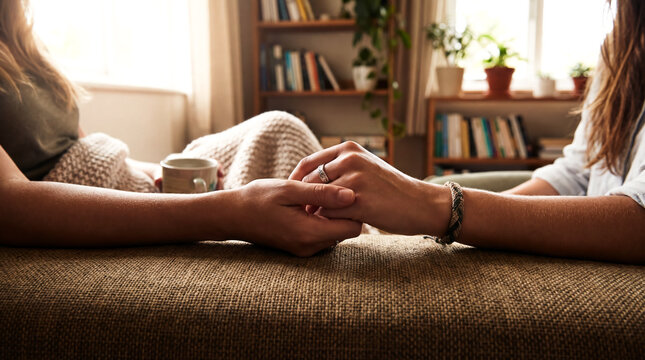 Female therapist holding hand of woman patient close up mental health support empathy therapy background copy space wellness counseling