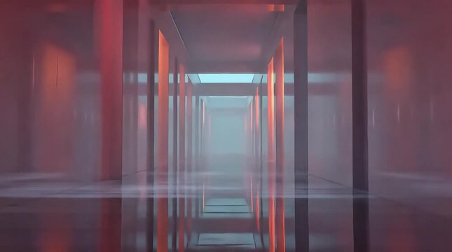 Futuristic corridor with pillars and red lighting viewed from a distant perspective in a modern architectural setting