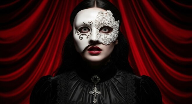 Woman in an ornate white mask, theater, Phantom of the Opera