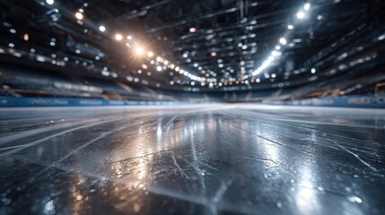 High-quality ice track for speed skating competition in an indoor arena, featuring a smooth reflective surface and bright arena lighting, ideal for winter sports preparation