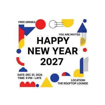 Happy new year 2027 invitation card with geometric shapes on white background