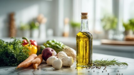 High-quality ingredients for a healthy home-cooked meal featuring fresh vegetables, herbs, and olive oil bottle on a modern kitchen counter with daylight lighting
