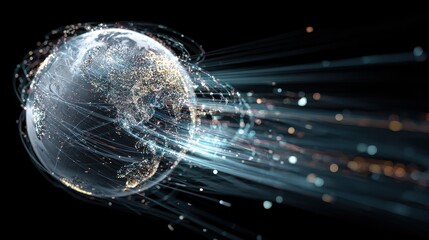 Smart global business, metallic globe linked by data streams, futuristic corporate concept, 3D illustration.