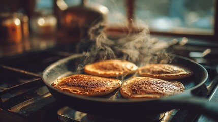 High pancakes cooking in a cast iron skillet on a stove, steam rising in a cozy kitchen with warm golden tones and soft natural light from the window