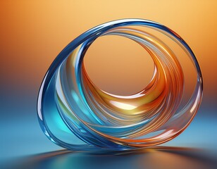 curved glass spiral in blue and orange background banner abstract 3d curved transparent glass spiral ai generated
