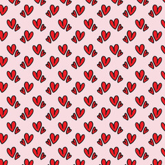 Seamless pattern of simple red hearts isolated on white for wrapping paper or fabric. Hand drawn style.