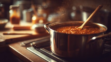 High-quality pot of simmering sauce on stove with wooden spoon resting nearby, warm kitchen ambiance, jars and utensils visible in the background