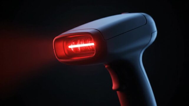Modern handheld barcode scanner emitting bright red laser beam on dark background