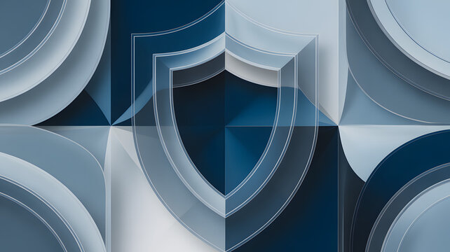 Abstract blue background image featuring a shield and rounded geometric shapes.